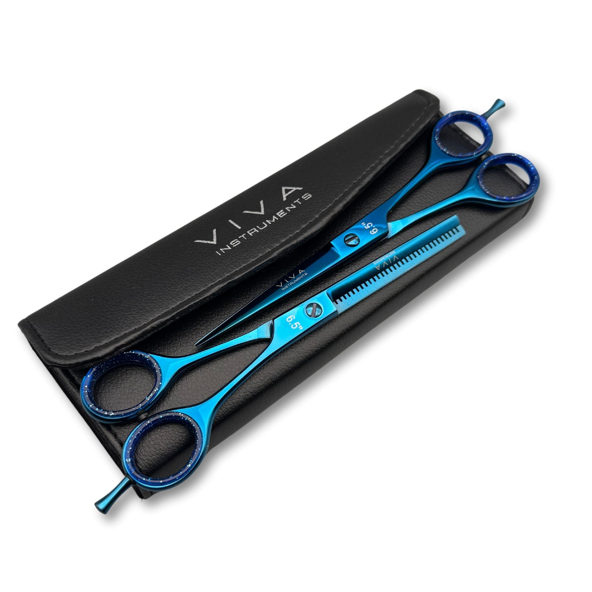 hair scissors set thinning cutting barber shears salon tools gold best quality blue colour - viva instruments 